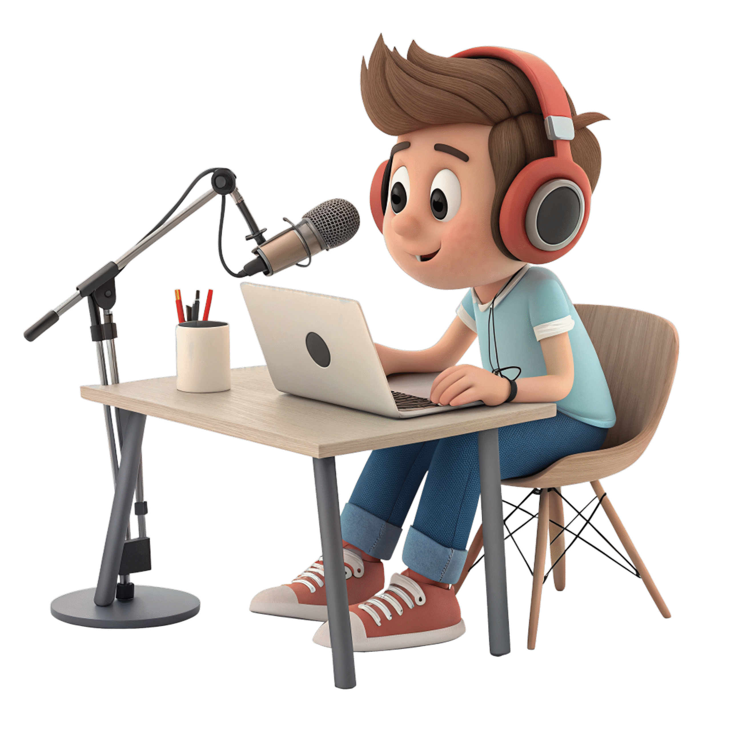 Cartoon boy wearing headphones with laptop, microphone, and stationary at a desk