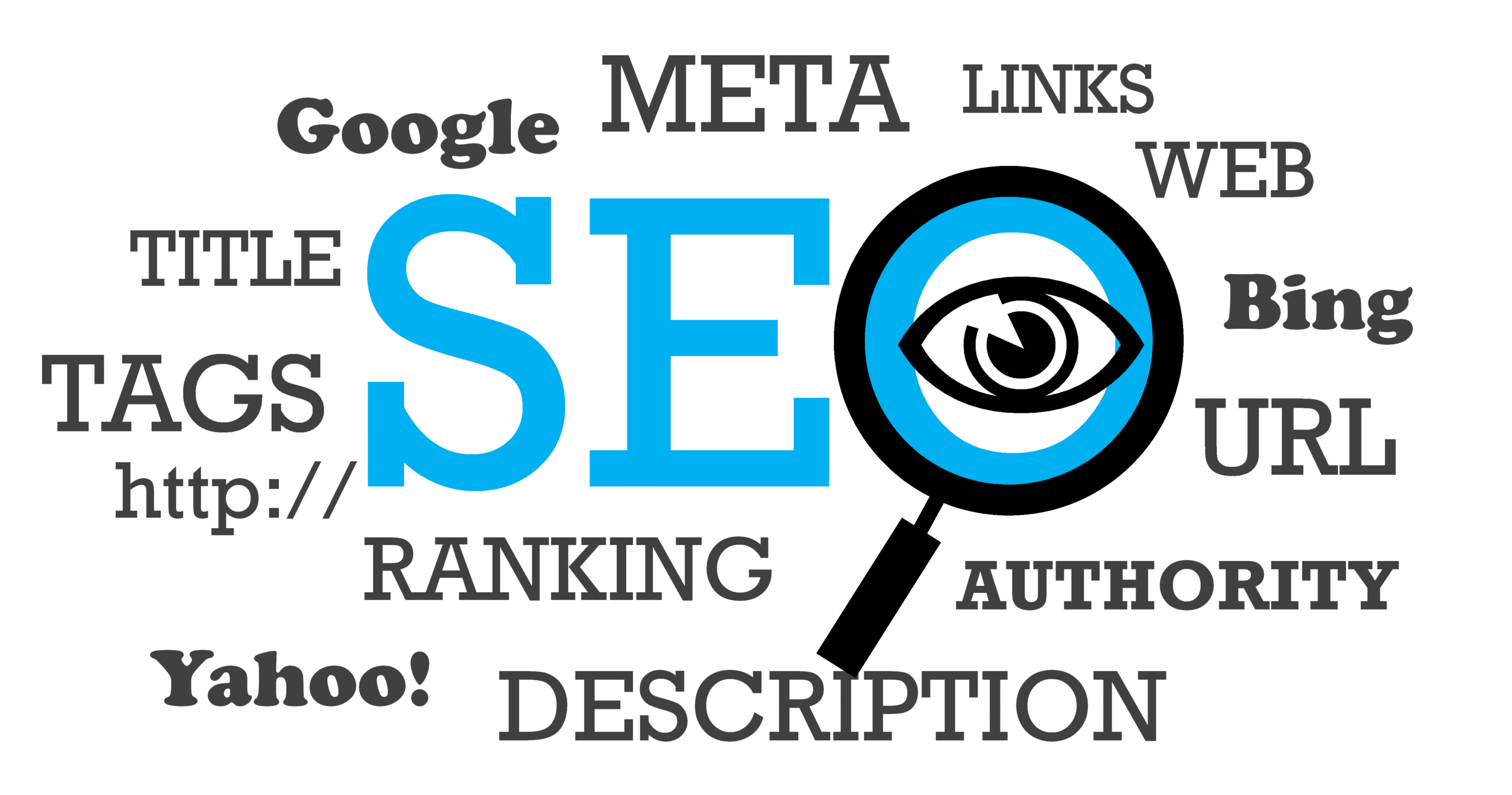SEO concept illustration featuring keywords like Google, Bing, META, TAGS, TITLE, URL, ranking, authority, description, links, web, and a magnifying glass with an eye