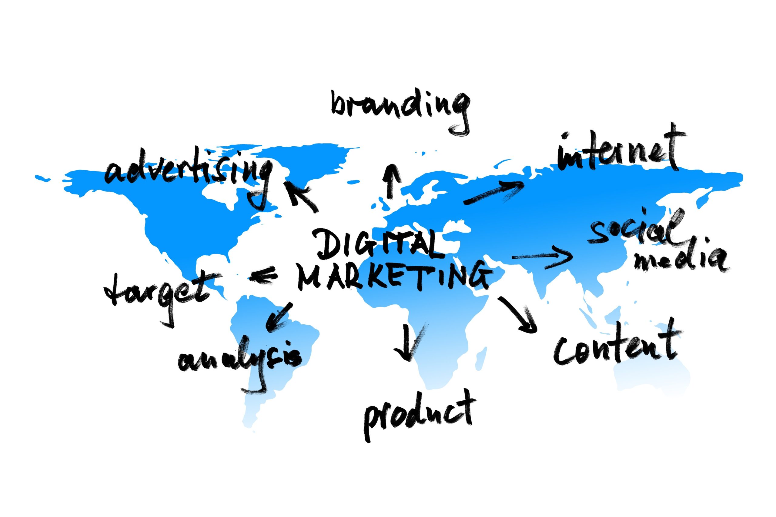 Digital marketing world map with concepts like advertising, branding, social media, internet, target, content, analytics, and product